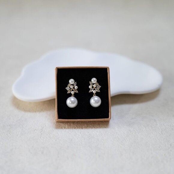 Pearl Drop Dangle Earrings for Women CZ Bridal Wedding Prom Jewelry for Brides - Picture 6 of 7